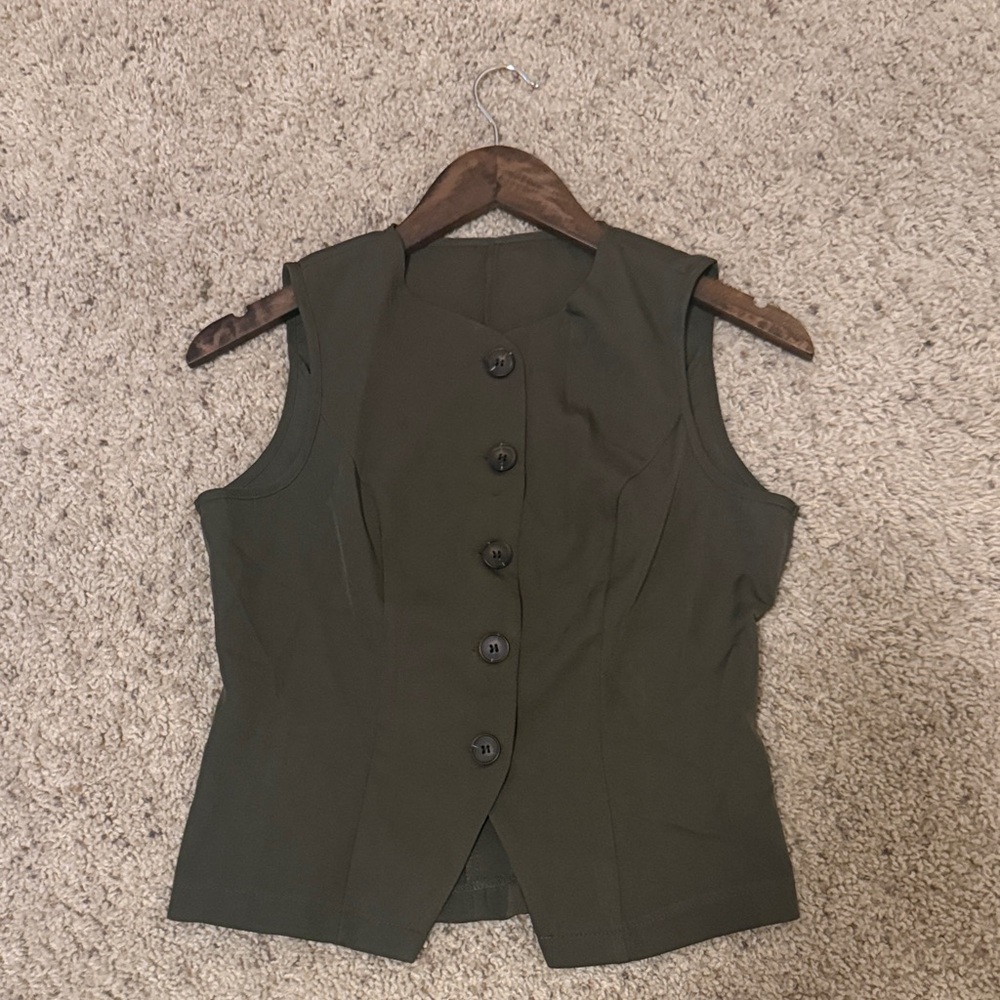 Olive Green Button-Up Vest - work style, summer fits, vacation outfit size S